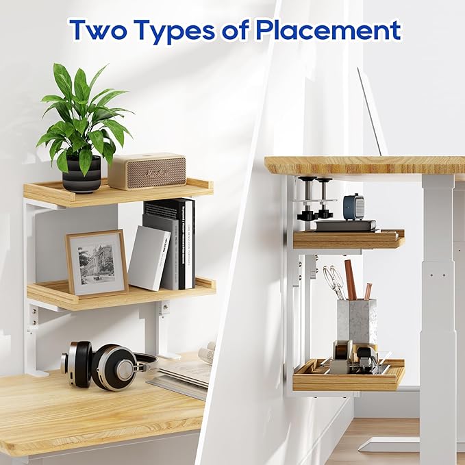ART-GIFTREE Clamp On Desk Shelf 2-Tier, 12.5 inch Wood Shelving Unit for Office Desk/Gaming Accessories, Tabletop Book Storage Rack, Shelf for Top & Under of Desk, Natural