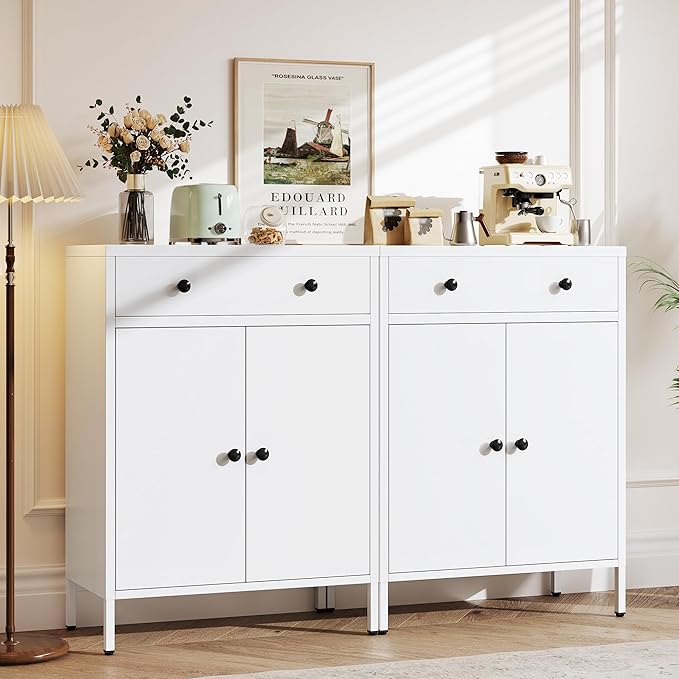 TaskStorz Metal Storage Cabinet with Drawer and Adjustable Shelf, 2-Piece Set White Steel Sideboard Buffet Cabinet, Coffee Bar Cabinet for Kitchen, Dining Room, Entryway