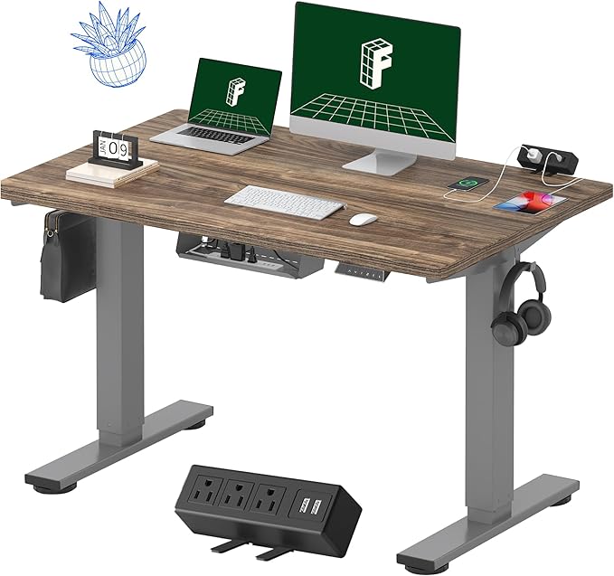 FLEXISPOT EN2 Whole-Piece Standing Desk with Clamp Power Strip, 48 x 30 Electric Stand Up Height Adjustable Desk with Cable Management (Gray Frame + 48" Black Walnut Desktop, 2 Packages)