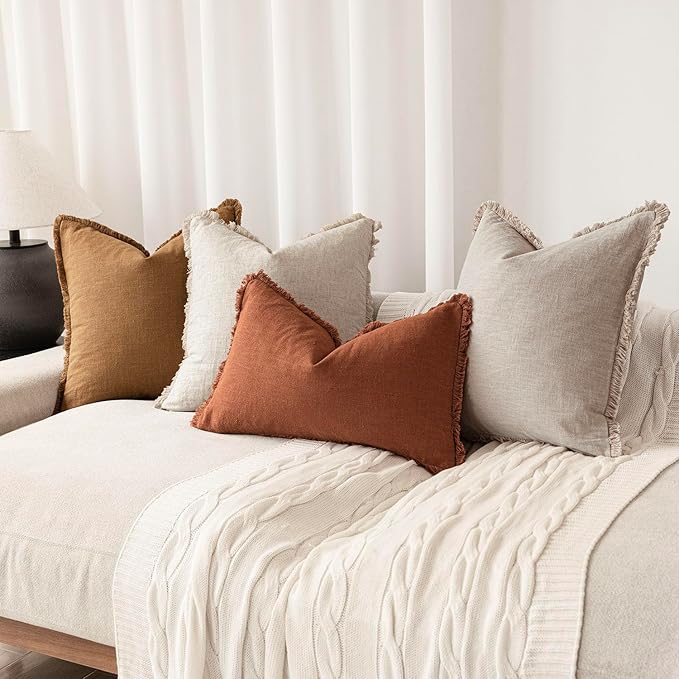 Foindtower Set of 2 Decorative Linen Fringe Throw Pillow Covers Boho Farmhouse Cushion Cover with Tassels Soft Accent Pillowcase for Couch Sofa Bed Living Room Home Decor,22×22 Inch,Orange Brown