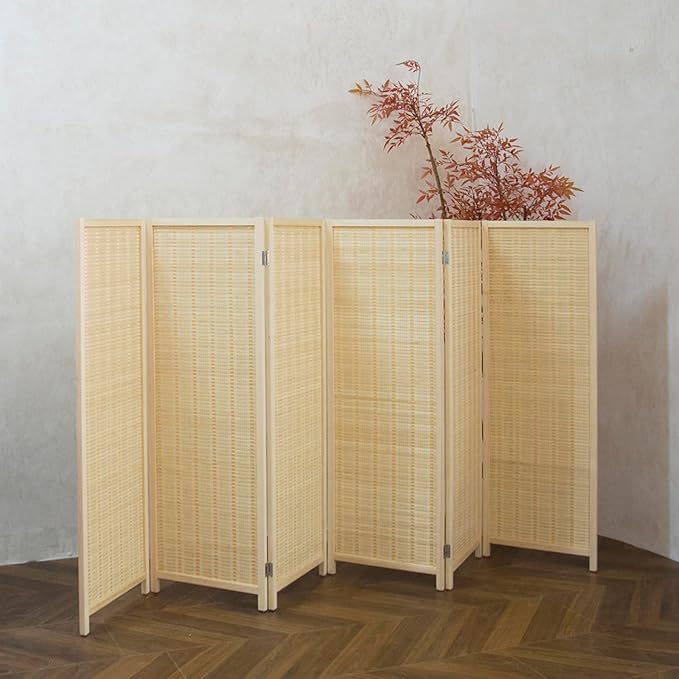 Furnnylane 6 Panel Short Room Divider Screen,Beige Freestanding Partition,Small Bamboo Panel Divider for Room Seperation,3.95 FT Tall