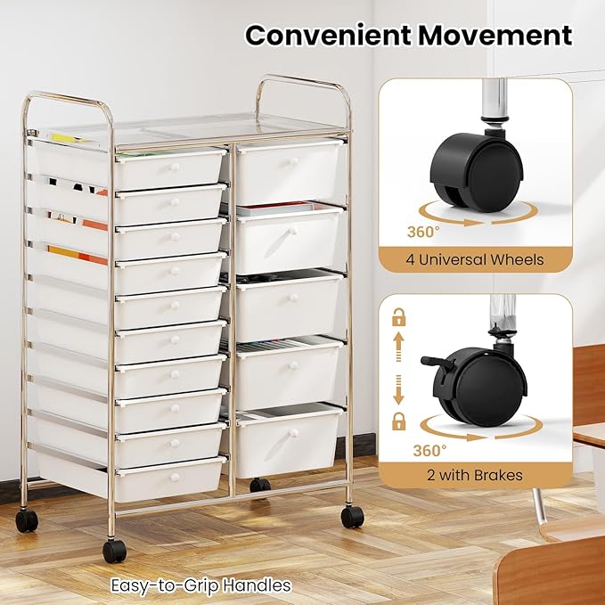 Giantex 15 Drawer Rolling Cart with Drawers, Storage Organizer Cart for Classroom Office School Teacher, Mobile Drawer Cart for Tools, Crafts, Small Printer, Ivory
