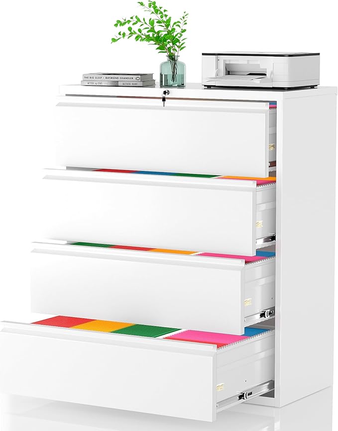 Pataku 4 Drawer File Cabinet with Lock, Metal Lateral File Cabinets for Home Office, Locking Filling Cabinets for Hanging Files Letter/Legal/F4/A4 Size(4Drawer/White)