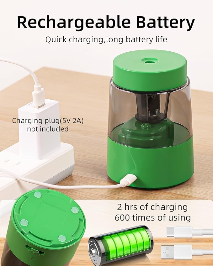 ZMOL Electric Rechargeable Pencil Sharpener, Automatic Pencil Sharpeners Kids, Battery Pencil Sharpeners for Colored Pencils, Auto Stop, Suitable for No.2(6-8mm), Classroom/Home Green