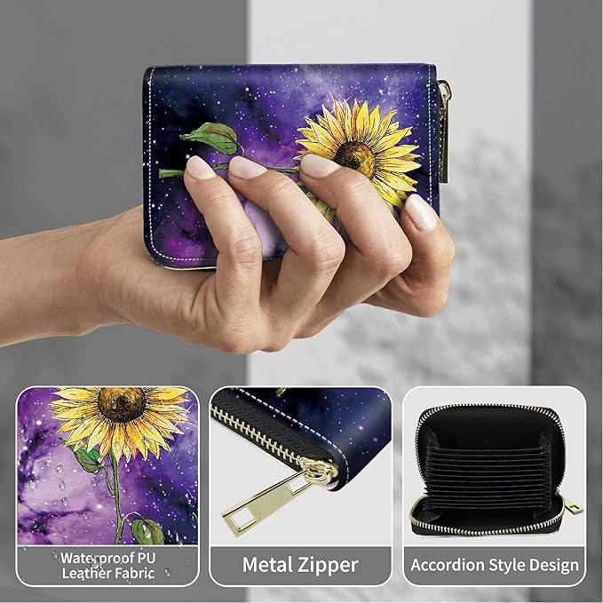 BWEGRHE Cute Credit Card Holder with Zipper, Sunflower Yellow Purple Galaxy RFID-Blocking Card Case Small Wallet for Women Men, Multi-slot Card Organizer Case Travel Accordion Wallet