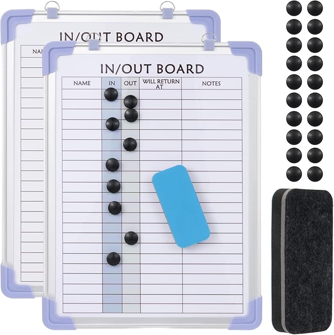 2 PCS in and Out Magnetic Dry Erase Boards 16" x 12", Aluminum Framed Lined Whiteboard with Eraser and 20 Magnets, Wall Mounted Employee Students in Out Board for Office & School Management