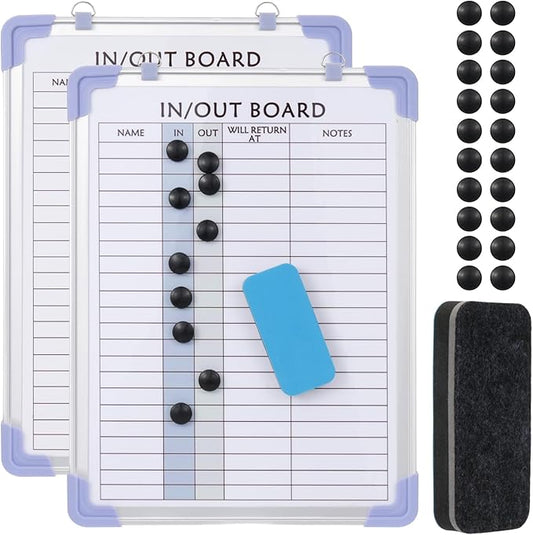 2 PCS in and Out Magnetic Dry Erase Boards 16" x 12", Aluminum Framed Lined Whiteboard with Eraser and 20 Magnets, Wall Mounted Employee Students in Out Board for Office & School Management