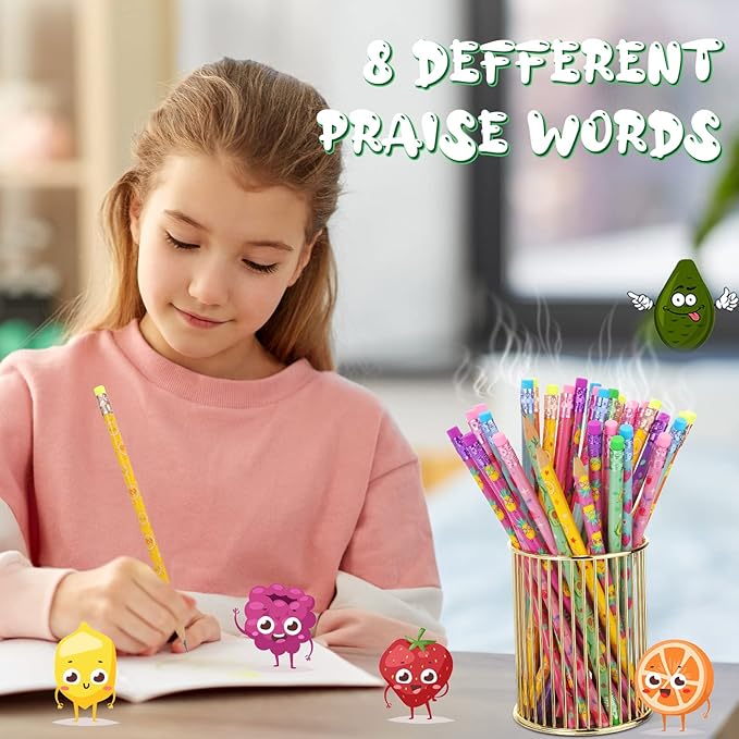 Leinuosen 300 Pcs Scented Pencils Bulk for Kids Inspirational Cute Fun Wood Smelly Pencils with Erasers Fruit Elements for School Classroom Office Students