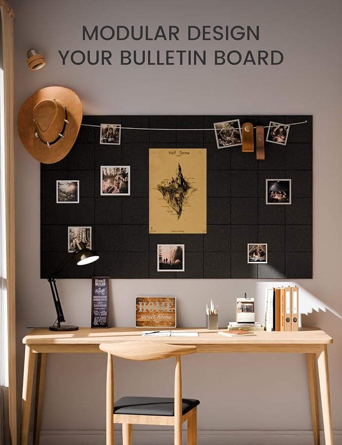 Large Felt Bulletin Board 36"x24", 6-Pack 4-Compartment Wall Organizer, Cork Board Alternative with 60 Removable Adhesive Tabs, Modular Felt Panels for Home Office, Classroom and Study-Black