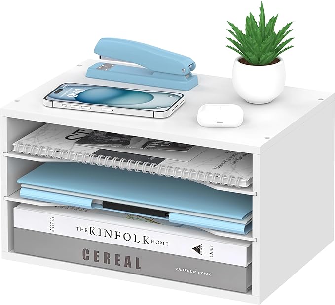 SHARKWOODS Wood Desk Organizer, 3 Tier Paper Tray Organizer for Desk with Adjustable Storage Shelves, Desktop File Organization Paper Sorter Mail Holder for Office Home Classroom, White