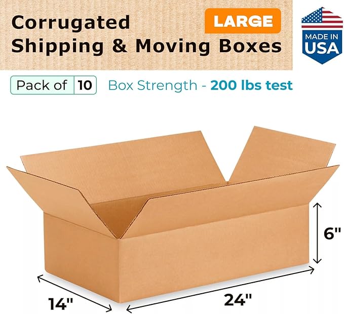 Large Shipping & Moving Boxes 24x14x6 inches (10-Pack) - Extra Strength 200 lb vs Regular - Corrugated Cardboard Moving Boxes - Large Box for Packaging by IDL Packaging