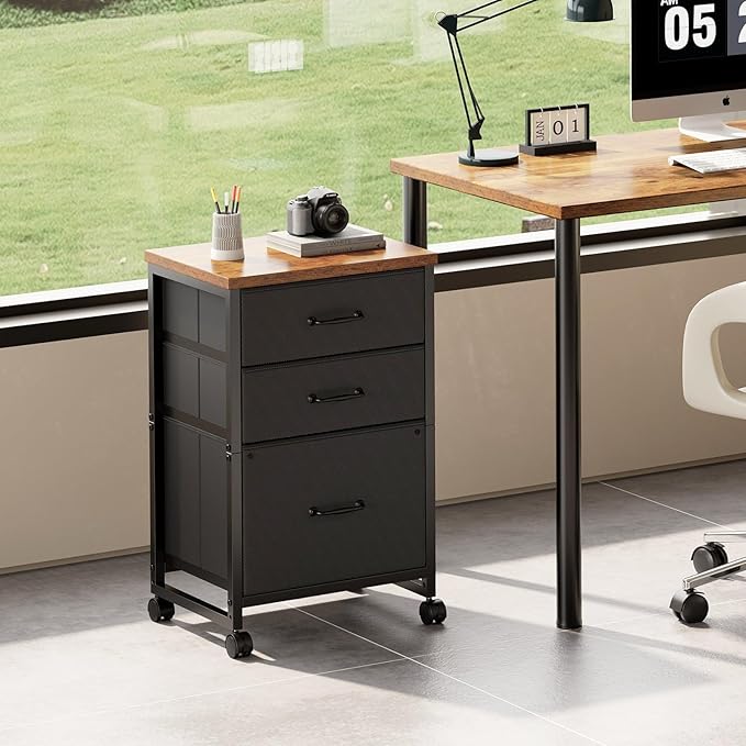 Maihail 3 Drawer Mobile File Cabinet with Wheels Fabric Vertical Filing Cabinet fits A4 or Letter Size for Home Office,Rustic Brown