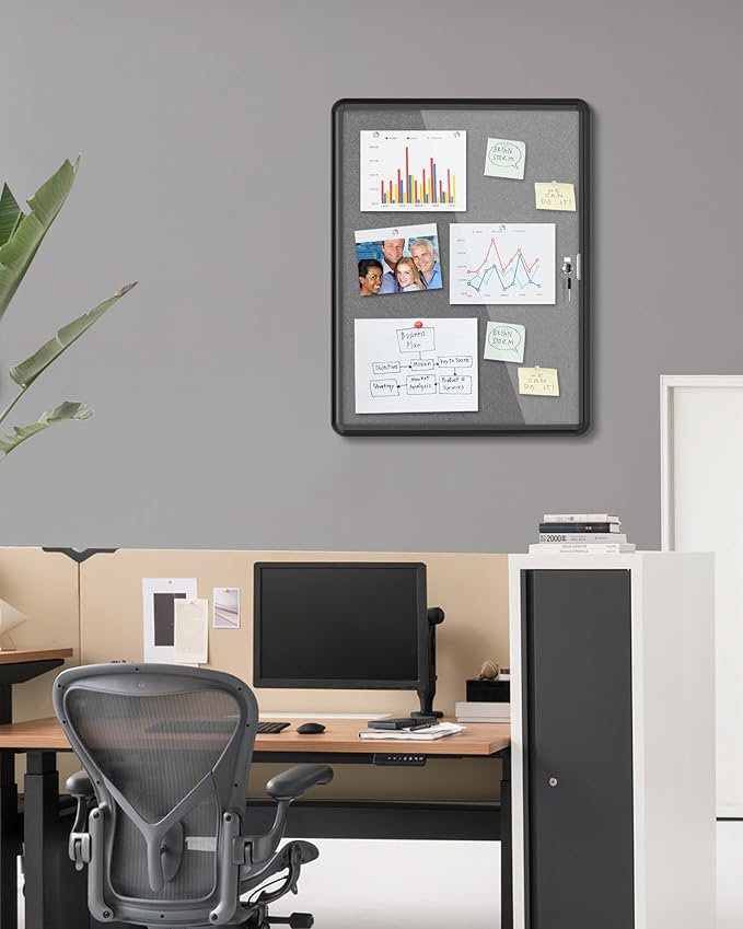Mifuro 26"x20" Enclosed Bulletin Board, Lockable Weather-Resistant Aluminum Cork Noticeboard for School & Office, Black Frame w/Grey Flet