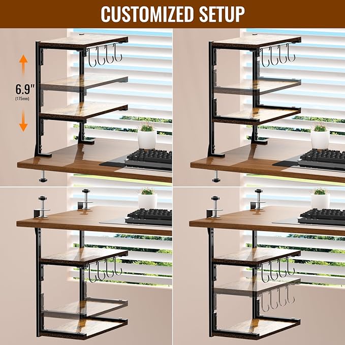 AUATRONNE Clamp-on Desk Shelf, 13 inch Above or Below Desk 2-Tier Shelving, Adjustable Metal Storage Tray for Gaming Devices or Office Desk Accessories and More, Brown, Patent Pending