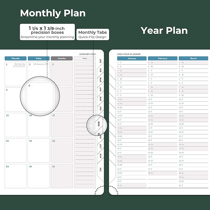 IN-LUXPRO Planner 2026 Daily Weekly and Monthly,8.5"x6.5",12 Months Spiral Bound Calendar Agenda with Self-adhesive Pen Holder,2026 Appointment Book with Vegan Leather Soft Cover,Green