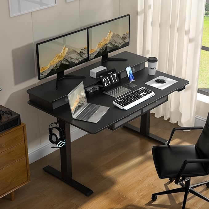 ExaDesk 55 * 30 Inches Electric Standing Widened Desk Adjustable Height with 4 Drawers, Double Storage Shelves Stand Up Desk, Home Office Workstation Sit Stand up Desk (Classical Black)