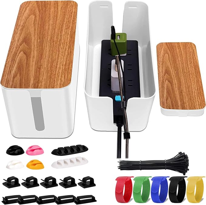 YUANYE Cable Management Box Cable Management Kit for Power Strip to Hide Wires,Cord Organizer Boxes,Safe ABS Material Wire Organizer of Cable Clips Sleeve for Home & Office,2Pack-123PCS/White