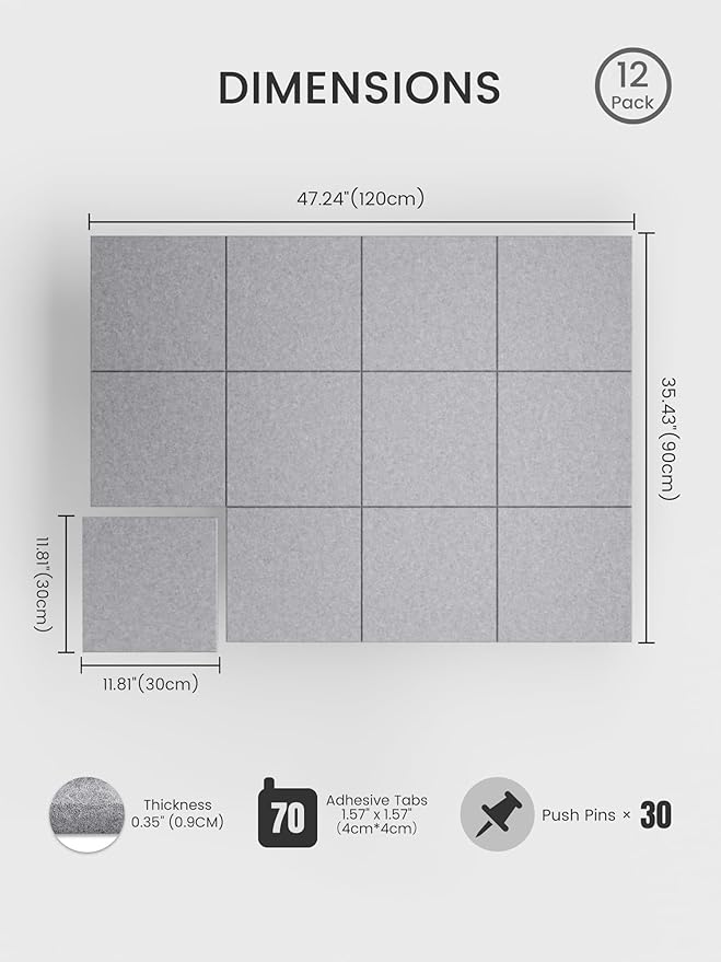 Bumusty Large Felt Bulletin Board 48" x 36" Cork Board Alternative-12 Pack with 70 Safe Removable Adhesive Tabs, Cork Boards for Walls Cork Board for Home Office Classroom Pin Board-Moonlight Gray