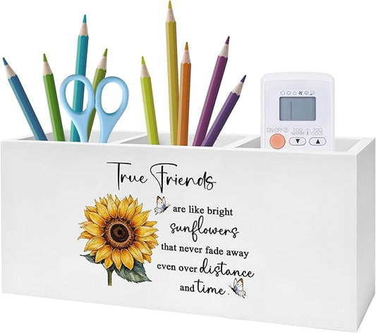 Exqcom Friend Gifts Pen Pencil Holder, Long Distance Friendship Gifts, True Friends Are Like Bright Sunflowers Pencil Pen Holder Organizer for Home Office Desk Accessories