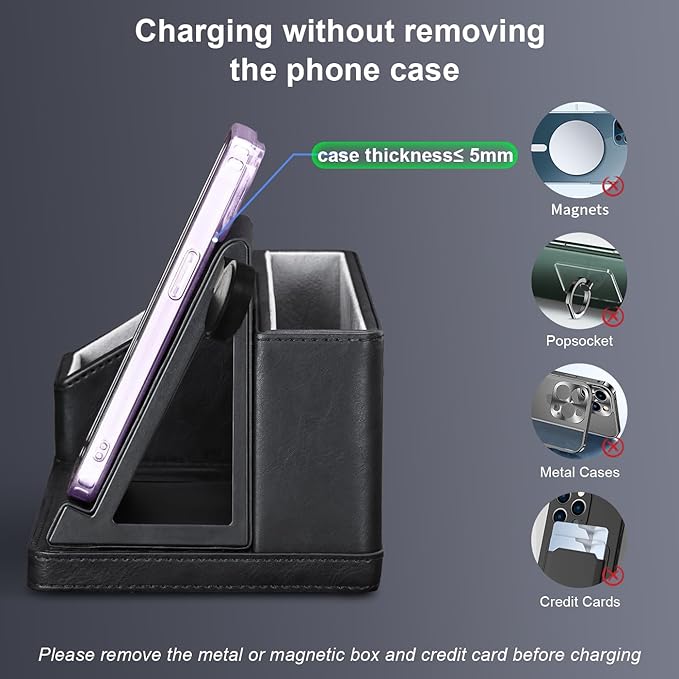 LADSTAG Black Leather Desk Organizer With Charging Station,Office Supplies Desk Accessories,Pen Holder for Desk,Remote Control Holder,Desk Organizer With Phone Charger,Nightstand Desktop Organizer