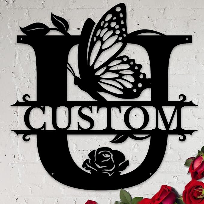 Personalized Custom Letter Name metal Signs,Custom Black Letter Monogram Wall Art Decor,Metal Signs Plaques Outdoor wall Decorative Signage (U)