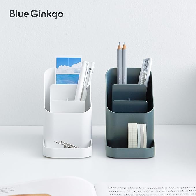 BLUE GINKGO Desk Holder – Korean-Made Office Organizer for Pencils, Pens, Notes, and Desk Supplies (White)