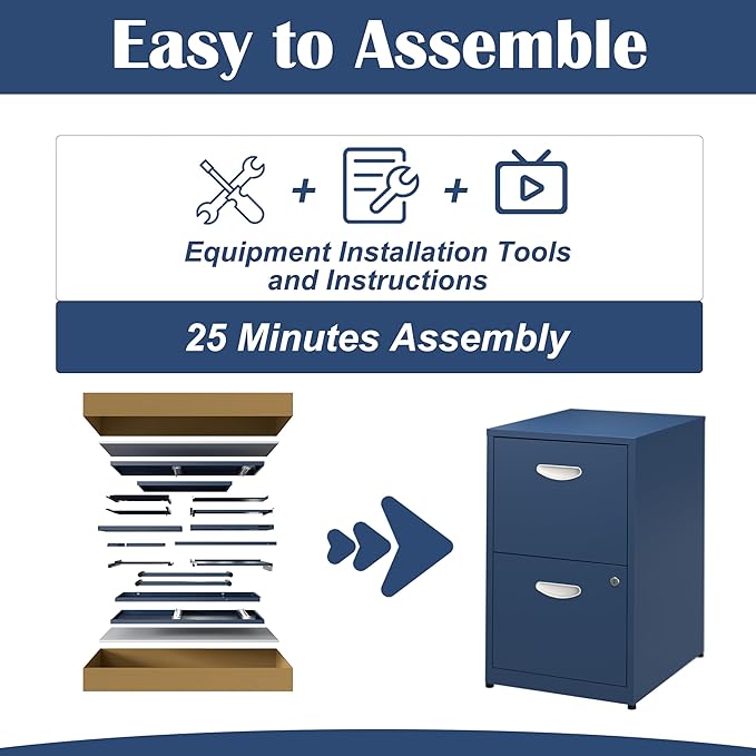 SteeLoong 2 Drawer File Cabinet with Lock,Blue Metal Office Drawers Filing Cabinets for Home Office, Two Drawer Under Desk File Cabinet for Hanging Letter,Easy Assemble