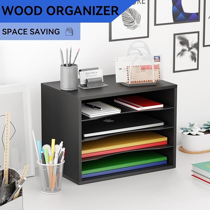 GDINDINFAN Wood Desktop Letter Tray File Organizer, Paper Storage Mail Sorter with 3 Adjustable Drawer Boards for Home and Office, Black