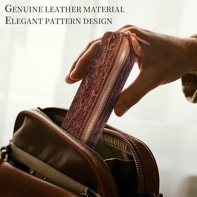 Gexmil Genuine Leather Pen Case, Full Grain Leather Pencil Holder, Hand-made Stationery Bag for Work & Office, Vintage Style, Floral Brown