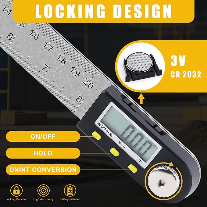 Delgada 8 inch/200mm Digital Angle Finder Ruler - Stainless Steel Protractor for Woodworking and Construction - Battery Included