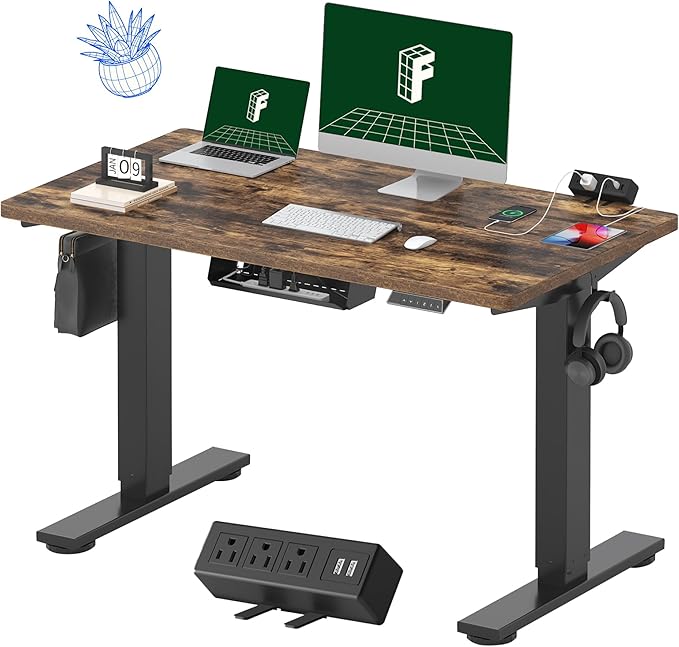 FLEXISPOT EN2 Whole-Piece Standing Desk with Clamp Power Strip, 48 x 24'' Electric Stand Up Height Adjustable Desk with Cable Management (Black Frame + 48" Rustic Brown Desktop, 2 Packages)
