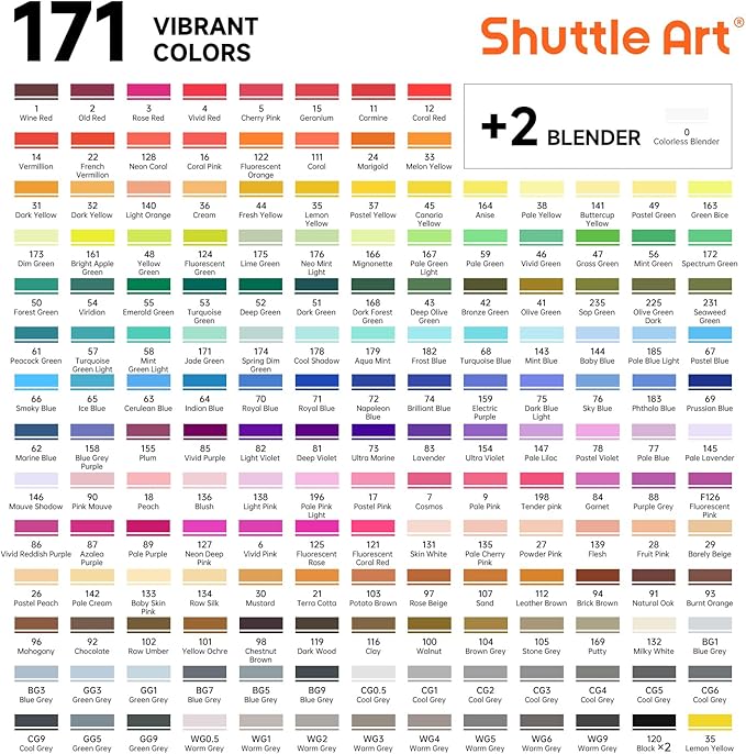 Shuttle Art 172 Colors Dual Tip Alcohol Based Art Markers,171 Colors plus 1 Blender Permanent Marker 1 Marker Pad with Case Perfect for Kids Adult Coloring Books Sketching and Card Making
