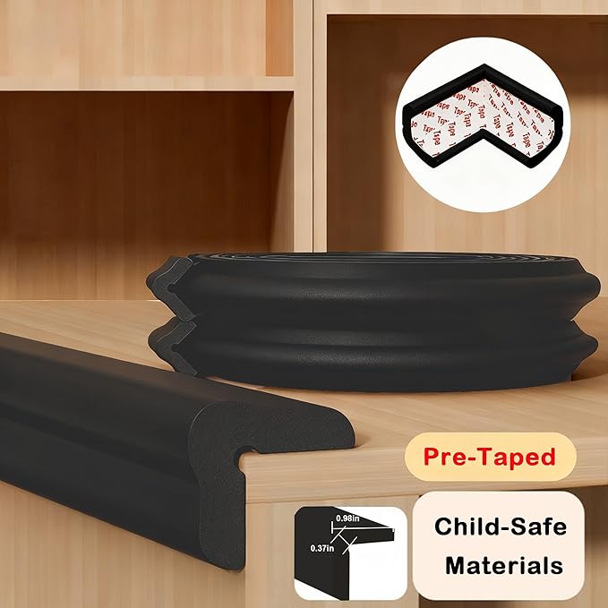 Baby Proof Corners and Edges Protector 20ft Edge+8 Corner Guard, Fireplace Baby Proofing Bumper, Heavy-Duty Soft NBR Foam Edge Corner Protector for Furniture Table, Childsafe/Pre-Taped Black