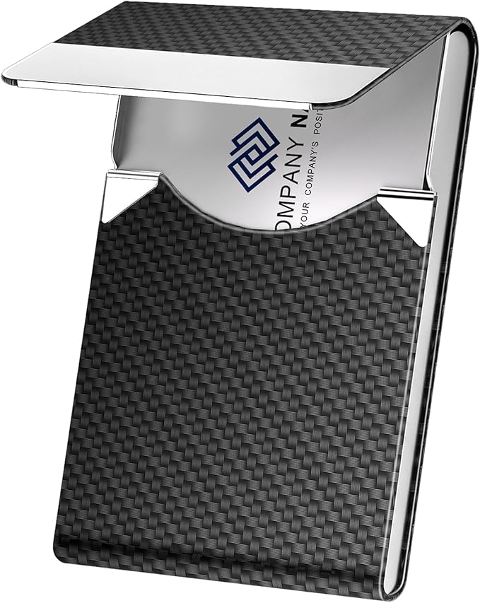 DMFLY Business Card Holder, Metal Slim Business Card Case, Pocket Card Holder for Women or Men, PU Leather Business Card Holder Case RFID Blocking Name Card Holder with Magnetic Closure, Black Carbon | Slim, Business Card Case, Pocket Card Holder, RFID...