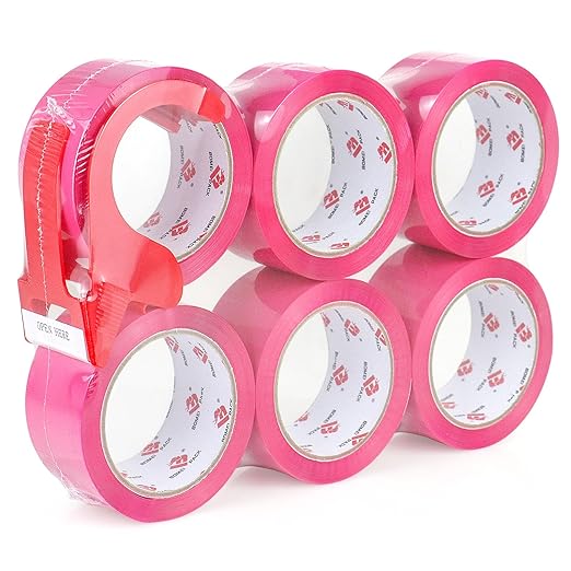 BOMEI PACK Heavy Duty 6 Rolls Colored Moving Tape with Dispenser 1.88 Inch x 60 Yard, Pink Packaging Tape 2.4 mil Packing Tape for Shipping, Moving, Mailing & Storage
