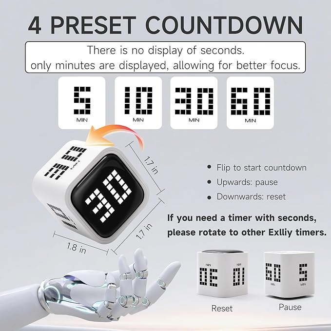 Rotating Productivity Timer 5, 10, 30, 60 Minutes Preset, Desk Cube w/Gravity Sensor for ADHD, Mute Functions, Ideal for Work, Study, Kitchen, Back to School (White)
