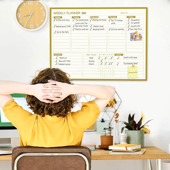 Large Weekly Dry Erase Board for Wall,20"x28",Gold Aluminum Frame Magnetic Weekly Planner Whiteboard for to Do List, Memo, School, Home, Office, Kitchen
