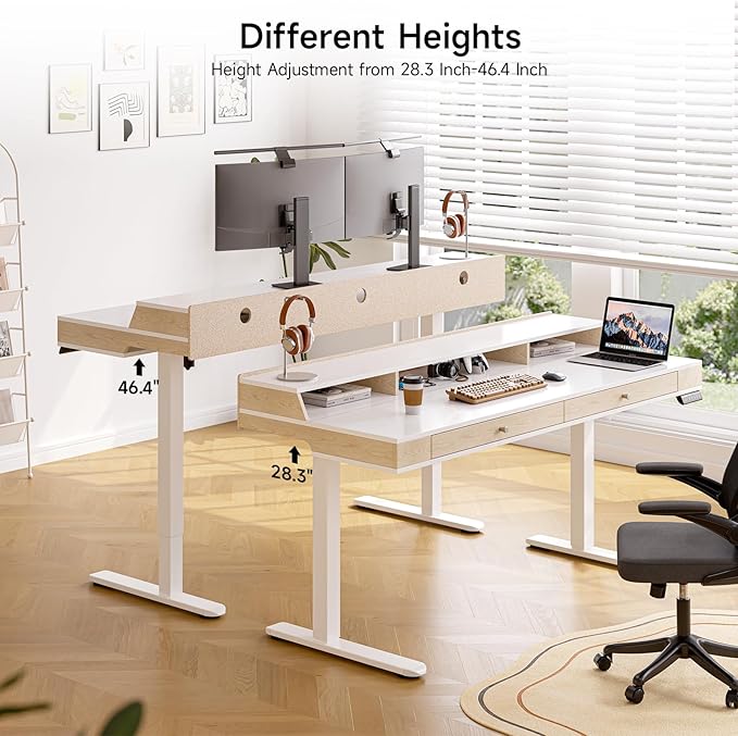 ONBRILL Standing Desk with Drawers, 63x23.6 Inch Electric Stand Up Desk with Storage Shelf and Memory Controller, Sit Stand Desk Adjustable Height from 28-46 Inch for Computer Workstation, White