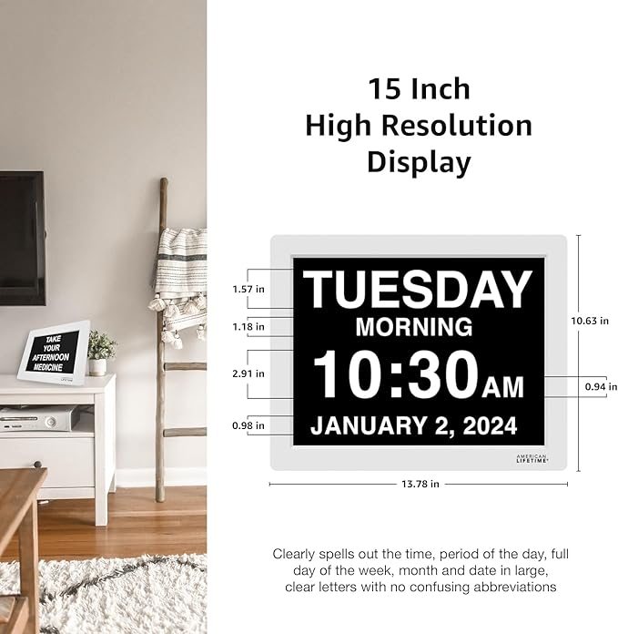 American Lifetime New 2026 Dementia Clock Large Digital Clock for Seniors, Alzeimer Clock Large Display with Custom Alarms, Clock with Day & Date for Elderly, Digital Calendar Black, 15 Inch