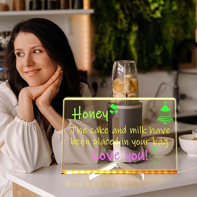 Led Note Board with Colors, 12” X 8” Acrylic Led Light Up Message Board, Acrylic Dry Erase Memo Arts Doodle Desktop Note Illuminated Wordpad Writing Board for Home Shop Christmas etc