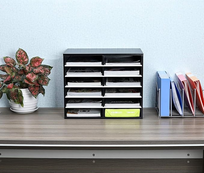 EasyPAG Wooden Literature Organizer with Adjustable Shelves, 12 Compartments Office Paper Organizer Storage 6000 Sheets Letter Size Paper, Student Mailbox for Classroom, Black/White