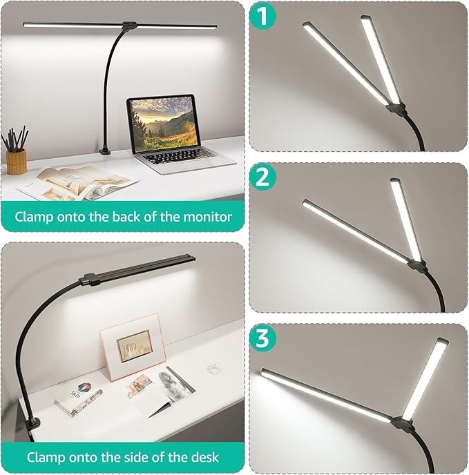 ShineTech LED Desk Lamp for Home Office, 4000K Neutral White Double Head Architect Task Lamps with Clamp, Dimmable Adjustable Flexible,Black