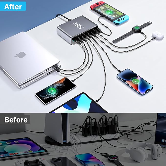 500W USB C Fast Charger Block, PD3.1 140W 8 Port USB Charging Station, GaN Ⅲ Pro PD PPS Fast Charging Station for Multiple Devices,Laptop Wall Charger Compatible with iPhone 17/iPad/MacBook etc