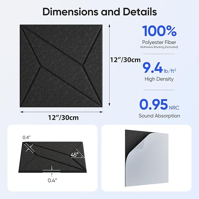 UNECHO 12 Pack 12" X 12" X 0.4" Acoustic Panels for Wall Sound Absorbing, P-Stripes Square Self-Adhesive Sound Panels, High Density Suitable for Multiple Scenarios(Black)