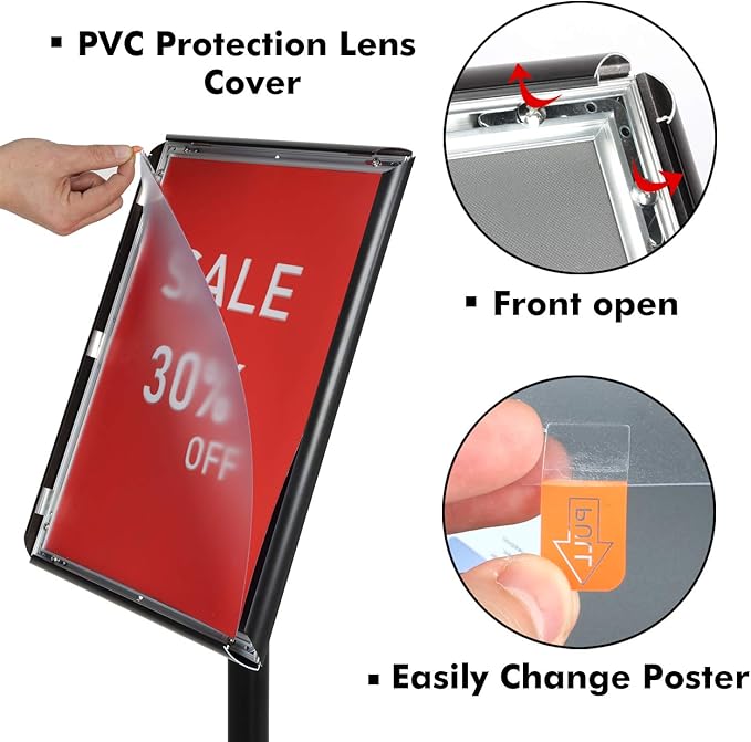 DISPLAYSWORKER Adjustable Poster Sign Stand 11 x 17,Floor-Standing Sign Holder with Heavy Duty Pedestal,Aluminum Snap-Open Frame , Vertical and Horizontal View Sign Displayed, Black (11 x 17)