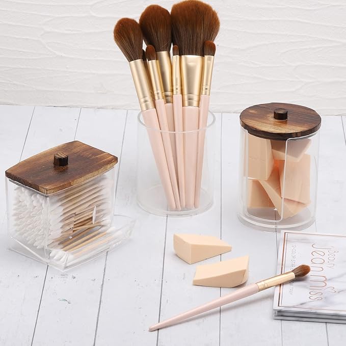 Tbestmax Bathroom Organizer Accessories Set-10 OZ Qtips Holder Storage with Wood Lids, Cotton Ball/Swabs Dispenser, Apothecary Container Jar 3 Pcs