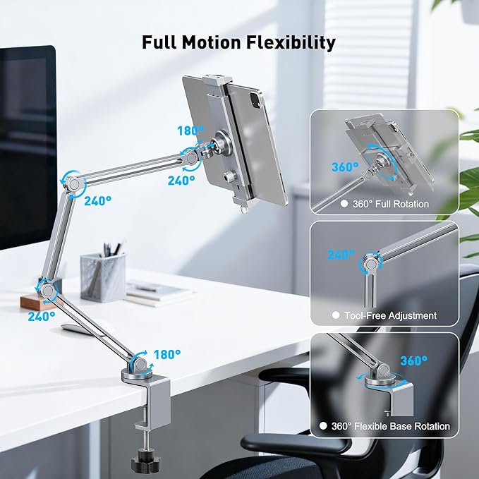 AboveTEK 2-in-1 iPad Stand for Desk, Aluminum iPad Holder Arm with Clamp & Magnetic Ring Head, 360° Adjustable Tablet Stand Holder, Bed Clamp Mount for 4.7"-13" iPads Air/Pro/Mini, Galaxy Tab & Phones