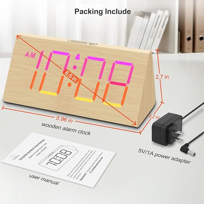 DreamSky Wooden Digital Alarm Clock for Bedroom - RGB Electric Desk Clock with Large Numbers, USB Port, Loud Alarm for Heavy Sleepers, Dimmer and Volume Control, Snooze, Wood Décor, Adapter Powered