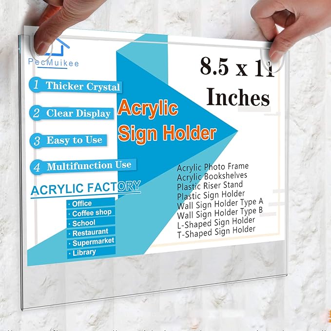 PecMuikee Acrylic Sign Holder 8.5x11 Horizontal, Wall Mount Acrylic Sign Holder and Plastic Paper Display Ad Frame bonus with 3M Tape and Mounting Screws for Restaurants, Office, Market, Store, 2 Pcs