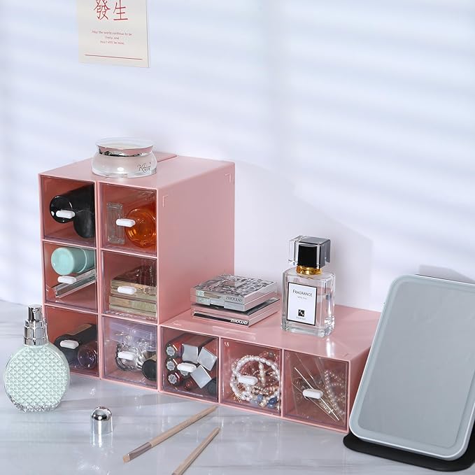 OSteed Desktop Drawers, Desk Organizer with 9 Drawers, Stackable Plastic Storage Box for Home Collection, Cosmetics, Jewelry, Office Supplies (3 Tiers, Pink)